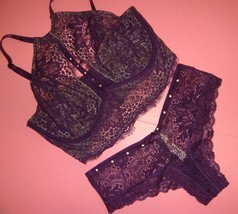 Victoria&#39;s Secret Ungefüttert Hoher Hals 34D, 34DD Bh Set S Höschen Lila Spitze - £58.16 GBP