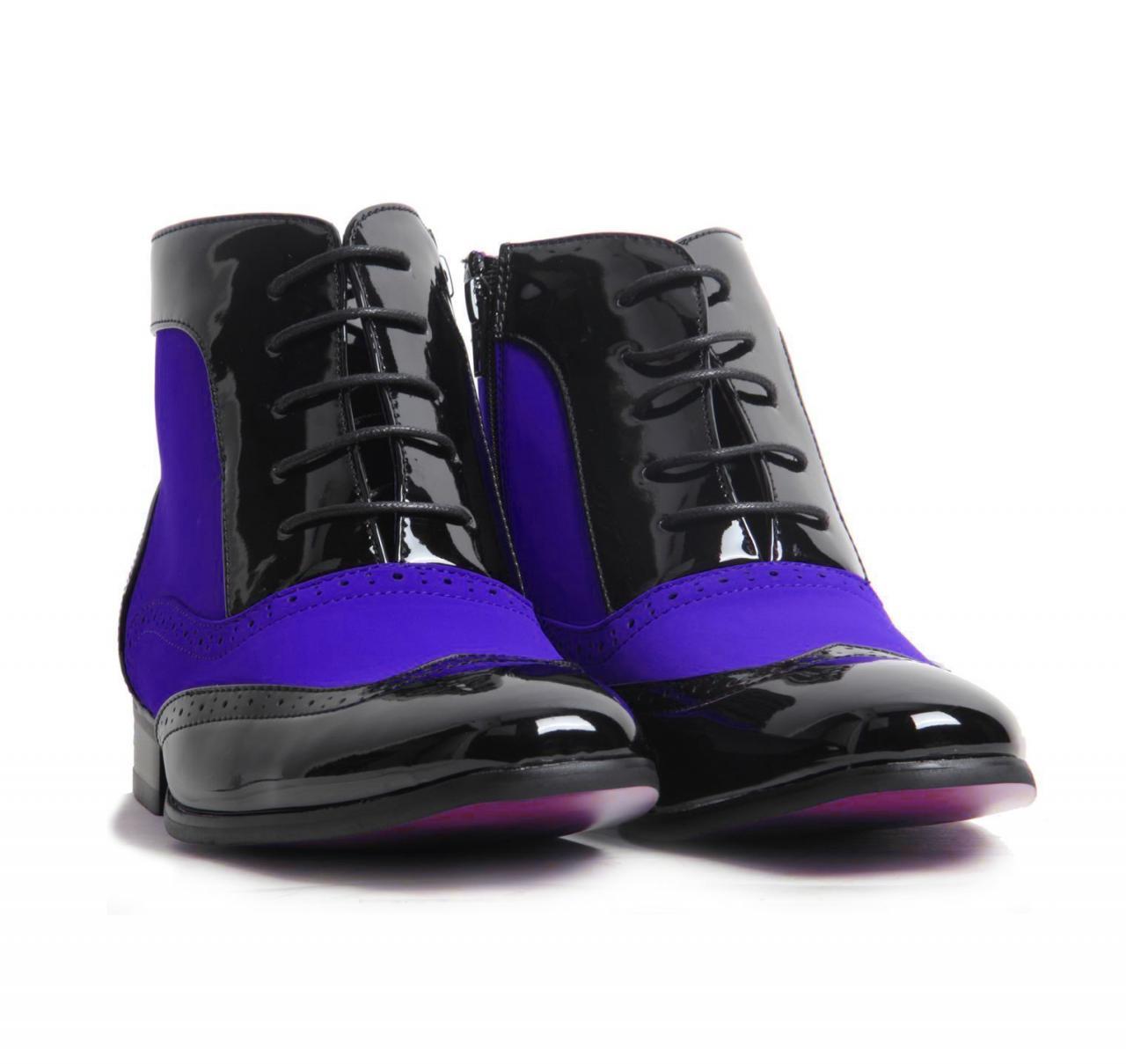 Men Two Tone Black Purple Derby Lace Up Genuine High Ankle Leather Boot US 7-16