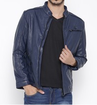 Men&#39;s Fashion navy blue biker slimfit leather jacket, Blue Leather jacke... - $143.99