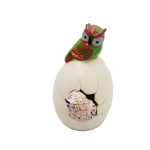 Tonala Pottery Hatched Egg Double Owls Green Pink Blue Hand Painted Signed - £22.15 GBP