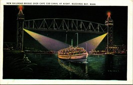 Night View New Railroad Bridge Over Cape Cod Canal Ferry Linen Postcard - £8.66 GBP