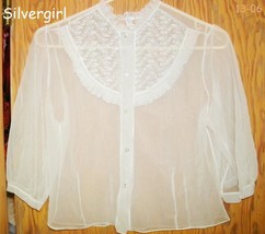 Ladies Vintage Sheer Embroidered Ruffle White Polyester Blend Blouse SZ S/M  - £19.66 GBP