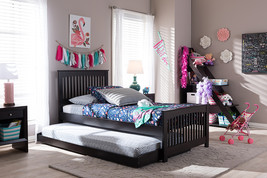 Olwen Twin Size Dark Brown Solid Wood Platform Bed w/Guest Trundle Bed - $4,614.86 MXN