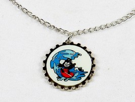Felix The Cat Necklace, Silver Tone Bottle Cap Pendant ~ Felix Surfing, ... - $9.75