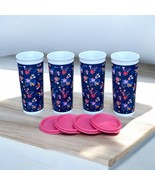 4 Tupperware Tumbler Cups 16oz &amp; Lids Falling for Floral Blue &amp; Pink Flo... - $33.60 CAD