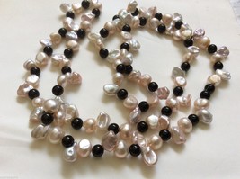 Cream pink color Keishi Pearl black onyx beads necklace 32&quot; endless - $84.15