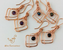 Handmade Copper Earrings Intertwining Frames with Wire Wrapped Round Stone - $29.00