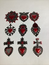 Set Of 9 Mexican Milagros Charms Folk Art Sacred Heart Tin Ornaments - £14.82 GBP