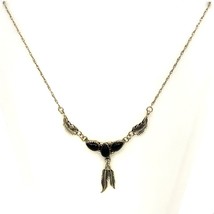 Vtg Sterling Southwest Navajo Three Black Onyx Leaf Feather Link Necklace 19 1/4 - £47.48 GBP