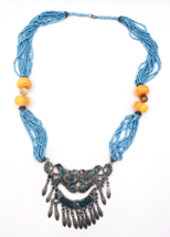 Aqua Blue Glass Seed Bead Tribal Pendant Necklace - £35.52 GBP