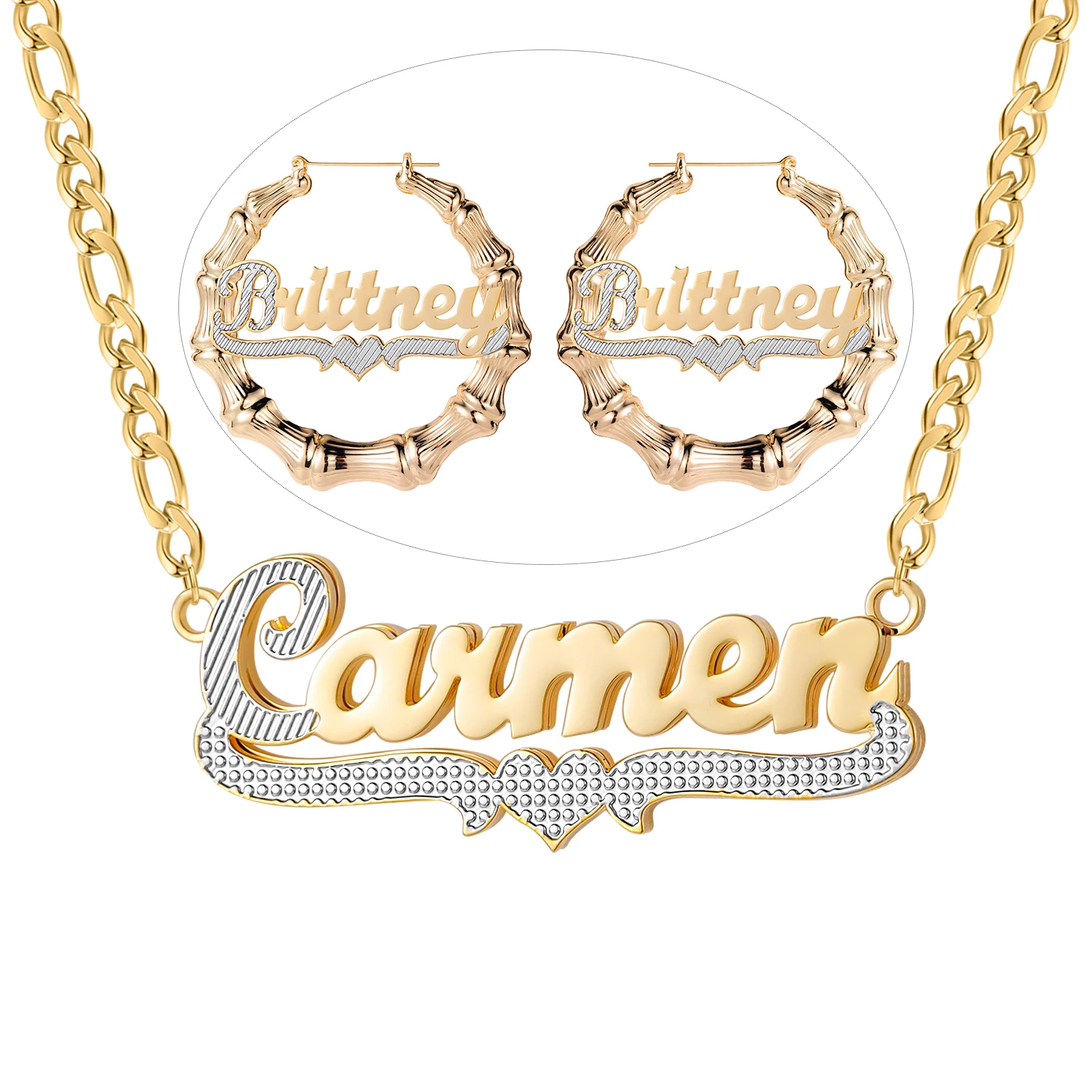 Two Tone Jewelry Set Personalized Custom Gold Plated Double Layer Chain Name Nec - £75.93 GBP