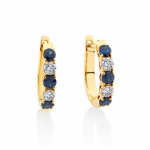 Simulated Blue Sapphire &amp; Diamond J Hoop Earrings 14K White Gold Plated Silver - $79.41