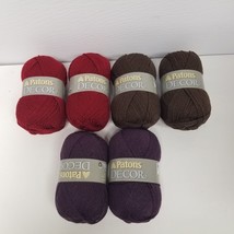 Patons Decor Yarn 3.5 Oz. 100 Gram Roll Lot of 6, Purple, Red, Brown, NOS - £25.65 GBP