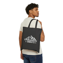 Adventure awaits cotton canvas tote bag with gray background decal thumb200