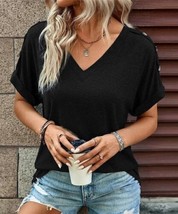 Z Avenue Black Rolled Button Accent Short-Sleeve V-Neck Top- XXL - £15.22 GBP