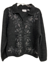 Parisian Works Sweater Medium Wool Gray Embroidered Grannycore Cardigan ... - £13.44 GBP