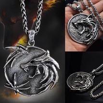 Men&#39;s Punk Witcher Wolf Pendant Necklace Rock Biker Jewelry Stainless Steel 24&quot; - £8.66 GBP