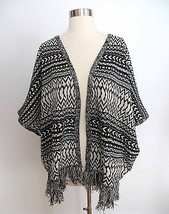 NWT size SMALL black white tribal print boho poncho knit fringe cardigan... - £8.28 GBP