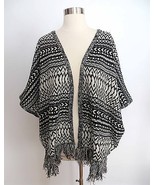 NWT size SMALL black white tribal print boho poncho knit fringe cardigan sweater - $10.39
