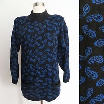 Vtg 80s size MEDIUM black blue paisley print long length knit sweater - FLAWED - £9.49 GBP