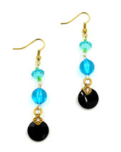 Women new gold aqua black stone drop hook pierced earrings - $9,999.00