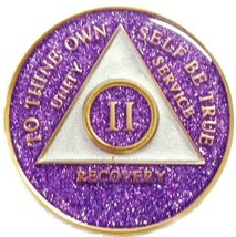 8 Year Purple Glitter Tri-Plate Alcoholic&#39;s Anonymous Medallion - $17.81