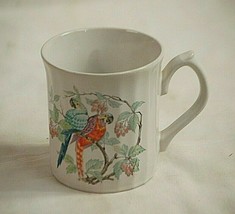 Vintage White Coffee Tea Cup w Two McCaw Parrots Ribbed Sides - $12.86