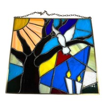 Vintage Large 13&quot; Stained Glass Tree w/ Bird Candles Mosaic Handmade Sun... - $56.09