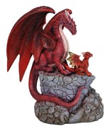 Red Fire Elemental Dragon with Baby Hatchling Standing On Rock Cliff Fig... - $1,104.10 MXN