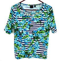 Rafaella Cotton Tee Shirt Women Mp Short Sleeves Floral Stripes Embellished Neck - £8.63 GBP