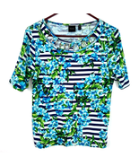 Rafaella Cotton Tee Shirt Women Mp Short Sleeves Floral Stripes Embellis... - £8.60 GBP