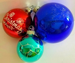 Vintage Lot 3 SHINY BRITE Blue Teal Red Merry Christmas Glass Ball Ornaments - £23.73 GBP