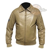 Handcrafted Beige Leather Bomber Jacket – Soft British Flag Sheep Leather Coat - $206.71