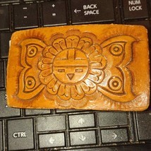 70s Brown Tooled Leather Winged Sun God Belt Buckle - $40.59
