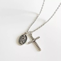 Antique Cross Mary Pendant Necklace - 925 Sterling Silver Handmade - £31.10 GBP