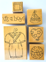 6 Rubber Stamps DOTS It's a Boy Block Boat Heart Ball Baby Clothes on Hanger - $4.49