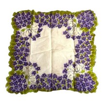 Purple Violets Vintage HANKERCHIEF Scalloped Green Trim Florals Flowers 12” - £22.02 GBP