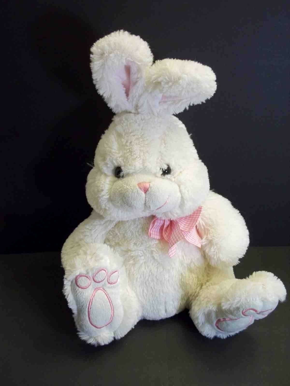 Super Soft white stuffed Sitting Bunny pink paw pads gingham bow 14" Easter - £7.09 GBP