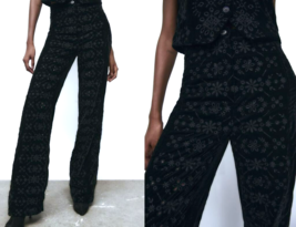 Zara Black Embroidered Velvet Alina High Waisted Pants S - £51.95 GBP