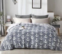 Grey Anchor - Queen 90&quot;x90&quot; - Fleece Fuzzy Soft Plush Couch Bed Sofa Blanket - £48.09 GBP