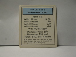 1985 Monopoly Board Game Piece: Vermont Ave Title Deed - £0.58 GBP