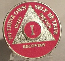 Pink &amp; Silver Plated One Year AA Chip Alcoholics Anonymous Medallion Coin 1 - £16.29 GBP