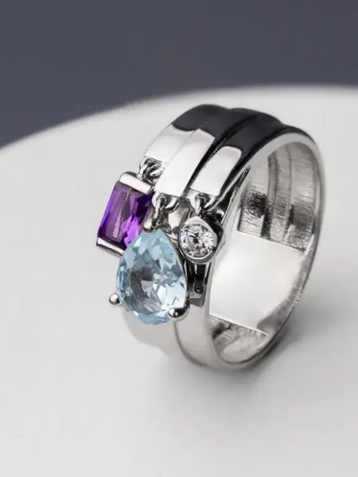 Ring with cubic zirconia, natural amethyst and topaz, 925 silver - $125.00