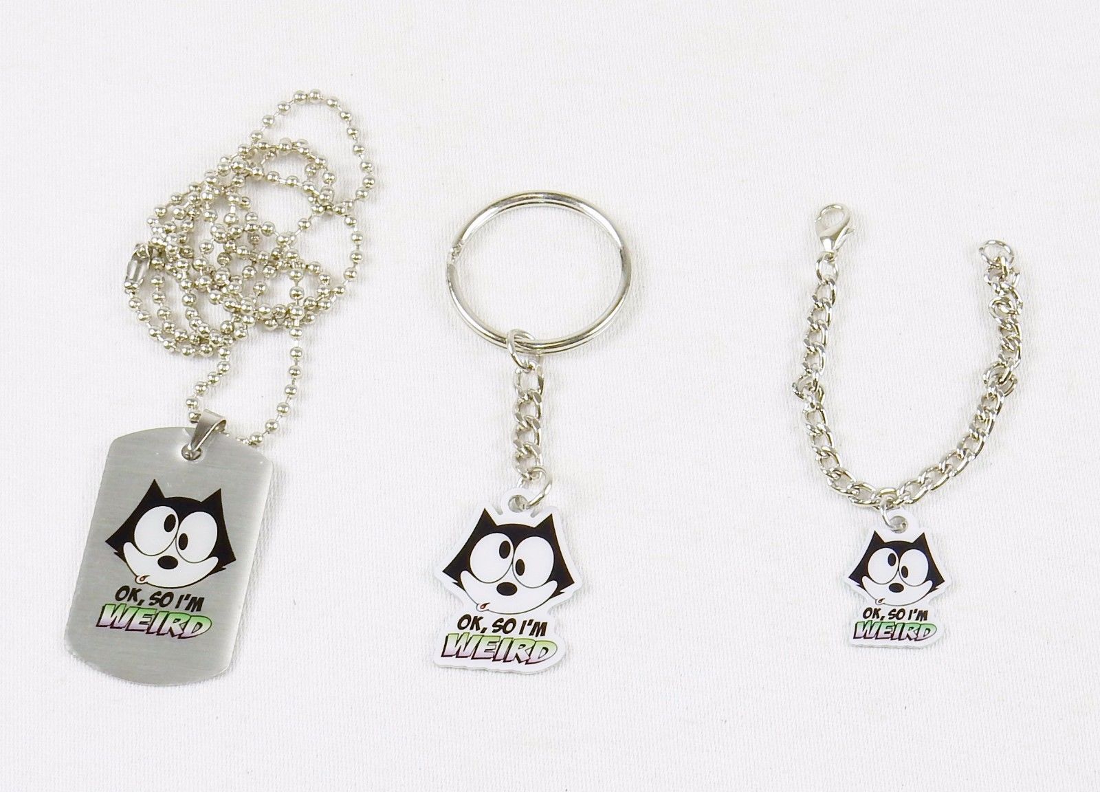 Felix The Cat Fashion Jewelry Set ~ Dog Tag, Key Ring, Bracelet ~ #FLX-WRD-04 - £10.14 GBP