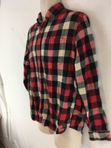 Eddie Bauer Mens L Red Black Plaid Hiking Camp Cotton Flannel Shirt - $11.88
