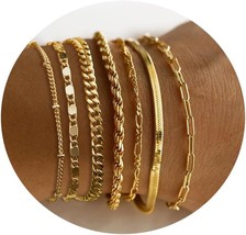 7pc Gold Bracelets for Women 14K Real Gold Dainty Layered Cuban Link Pap... - £31.20 GBP