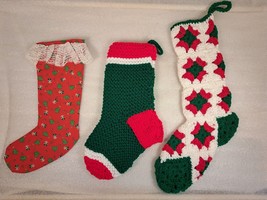 Lot of 3 Handmade Green Red White Christmas Stocking Crochet, Knitted, Sewed - £9.42 GBP