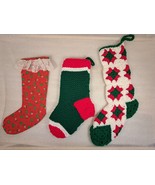 Lot of 3 Handmade Green Red White Christmas Stocking Crochet, Knitted, S... - $11.75