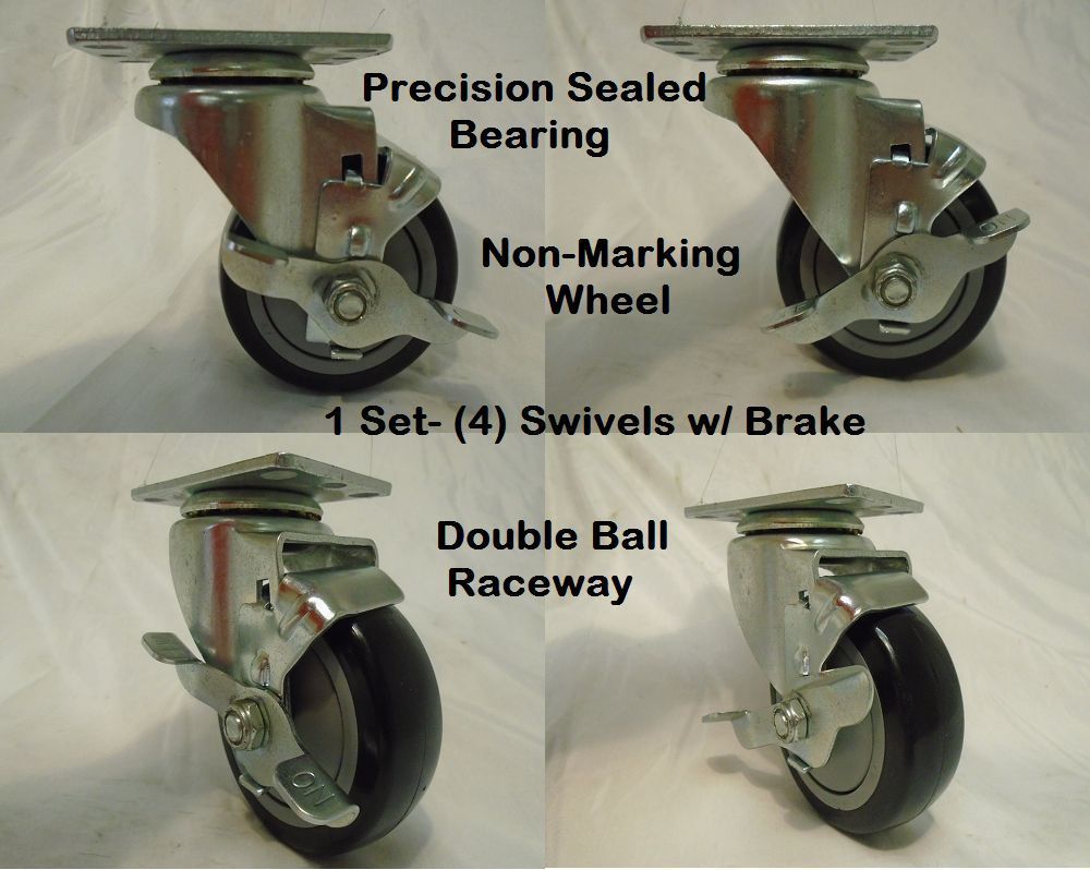 3-1/2&quot; x 1-1/4&quot; Swivel Caster Black Polyurethane Wheel w/ Brake300lb ea ... - $24.50