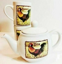 CIB Teapot Lid & 2 Mugs Rooster By Bay Island Inc. Tea Coffee Ceramic Set - £31.47 GBP